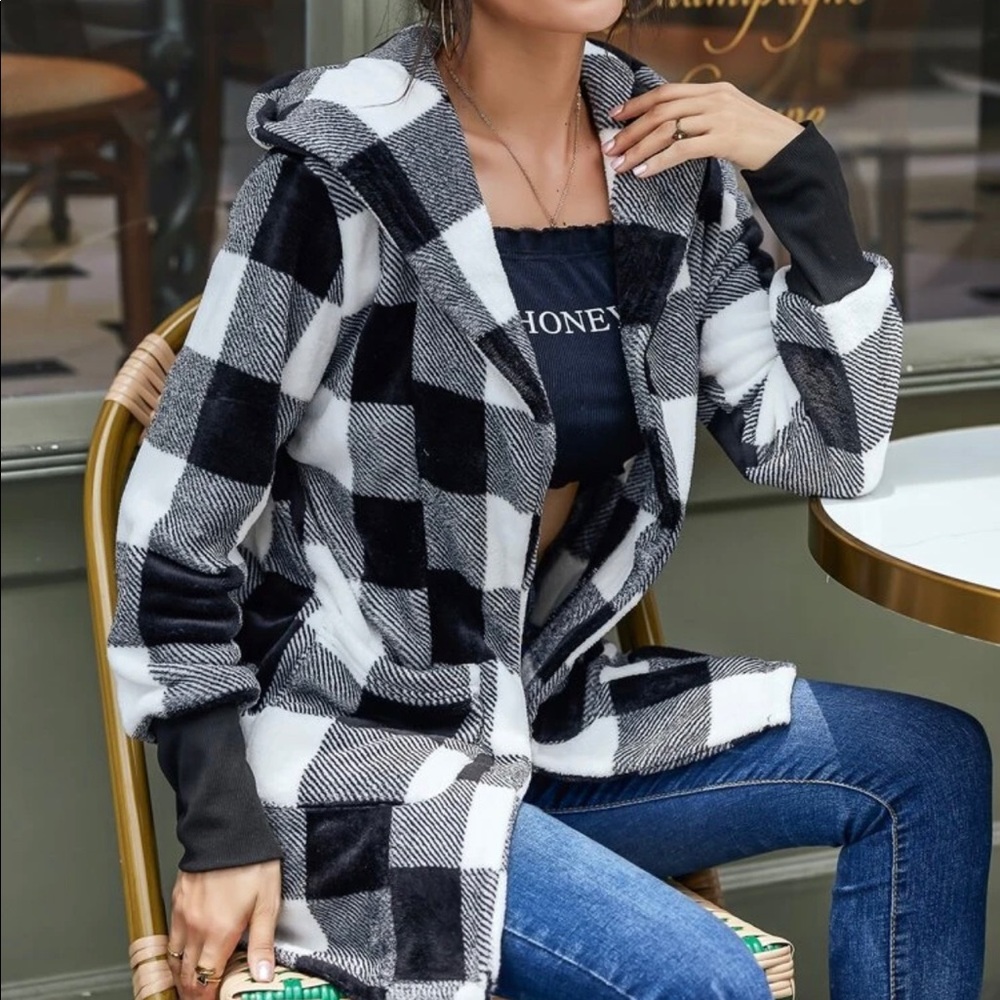 Buffalo plaid white black teddy jacket hooded - Picture 4 of 6
